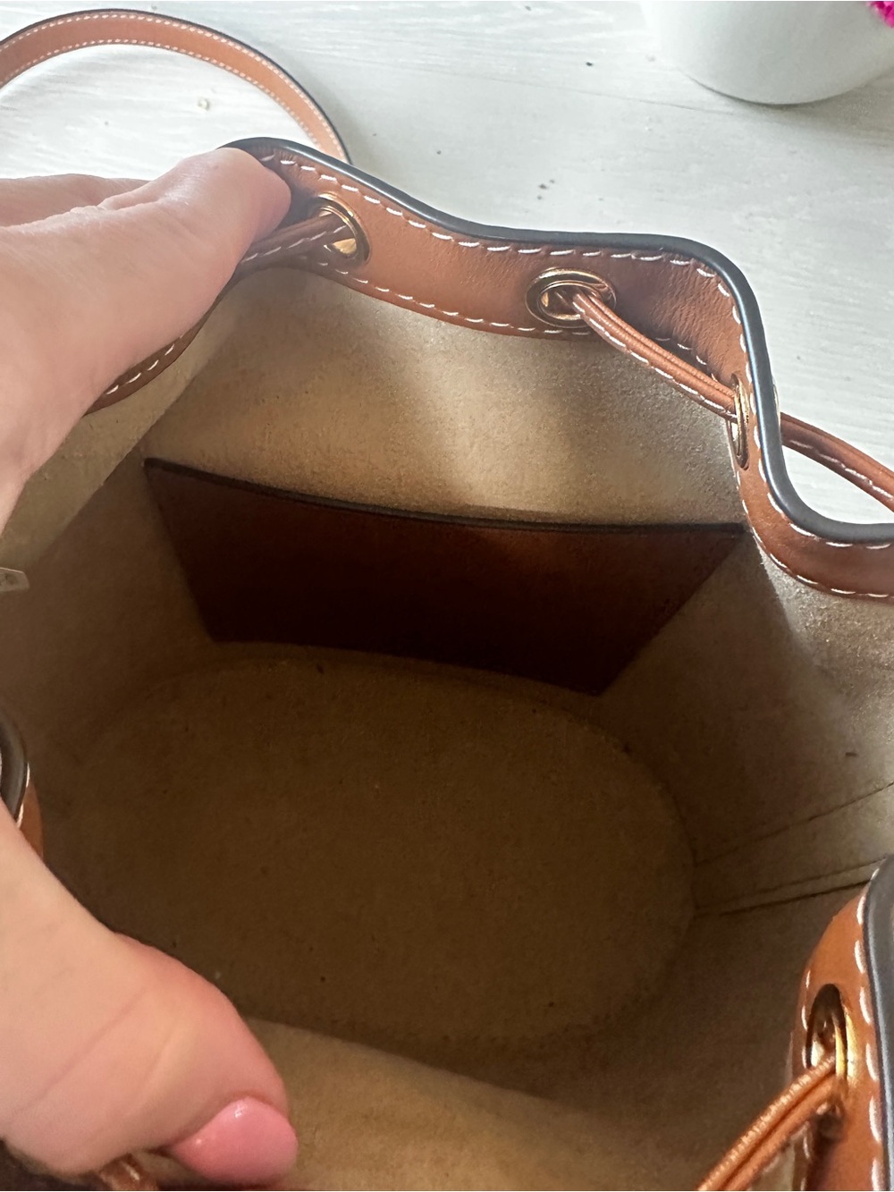 Tory Burch Navy Logo Canvas Bucket Bag with Brown Leather Trim - Picture 8 of 10